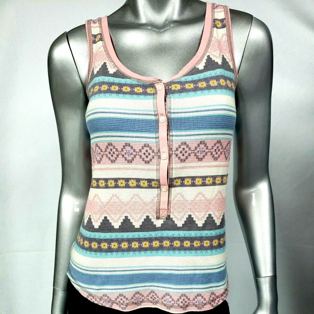 Victoria's Secret Women Small Pajama Top Pink Blue Aztec Waffle Henley Tank